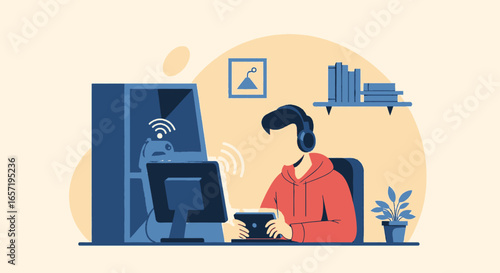 A person in headphones uses a tablet and computer, engaging in online activity or gaming from home. Illustrates digital connectivity, remote work, or entertainment.