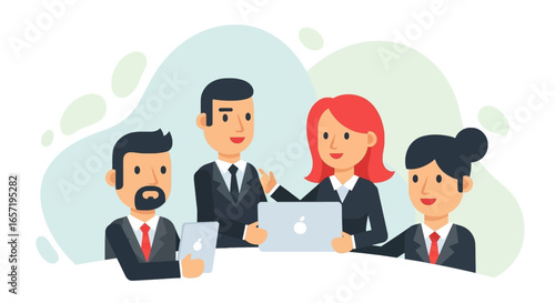 Diverse business team collaborating in an office meeting, utilizing technology for communication and strategy. Ideal for corporate and professional concepts.