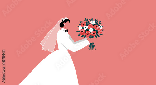 Modern bride in an elegant white wedding gown with veil, tiara, and bow tie, holding a vibrant floral bouquet. Concepts of marriage, love, and celebration.