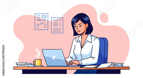 Professional woman working diligently on her laptop at an office desk, representing business, productivity, remote work, and focus in a modern environment.
