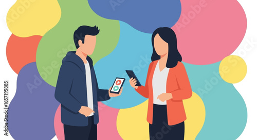 Modern flat illustration of two people sharing digital content on smartphones, symbolizing online communication, social media, and technology interaction.
