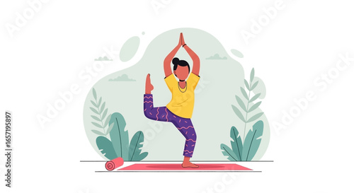 A calm person practices yoga, finding balance and peace. Ideal for health, wellness, fitness, and lifestyle concepts, promoting mindfulness and well-being.
