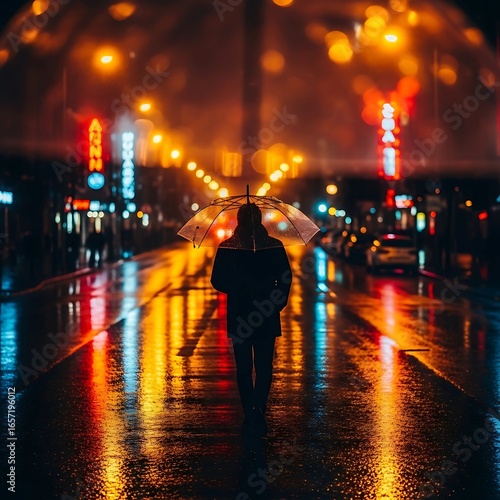 Rainy City Night: Person Under Umbrella