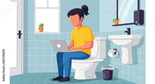 Person multitasking on a laptop while seated on a toilet in a bright, tiled bathroom. Concept of remote work, productivity, and modern lifestyle.