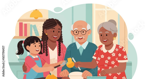 Joyful multi-generational family cooks together, fostering bonding and shared experiences. Perfect for lifestyle, family, and educational concepts.