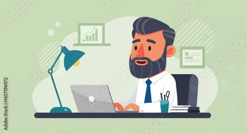 Professional man with beard working diligently on laptop at desk, symbolizing business, growth, productivity, and modern work.
