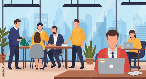 Diverse business professionals collaborate and work productively in a modern, dynamic open-plan office environment with cityscape views.