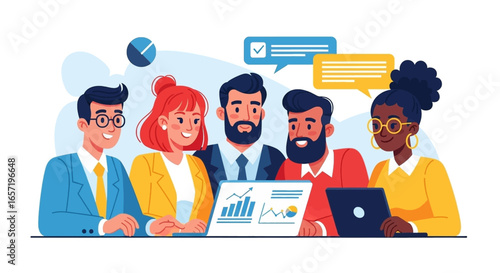 Diverse business team collaborates, analyzing data and strategizing for growth. Represents teamwork, communication, and professional success.