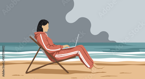 Woman in tracksuit works on laptop on a beach chair by the ocean under cloudy sky, symbolizing remote work, freedom, and flexible lifestyle.