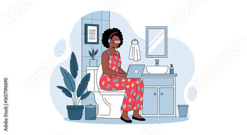 Woman in VR headset and headphones working on a laptop while sitting on a toilet in a bathroom. Depicts remote work, digital immersion, or modern multitasking. Humorous business concept.