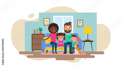 Happy diverse family with two children and a dog relaxing on a sofa in a cozy home. Illustrates togetherness, domestic life, and love.