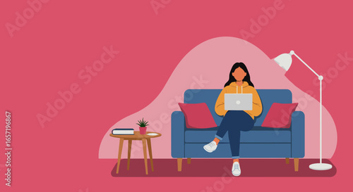 Woman comfortably working from home on her laptop, illustrating remote work, online education, or leisure activities in a cozy modern living room setting.