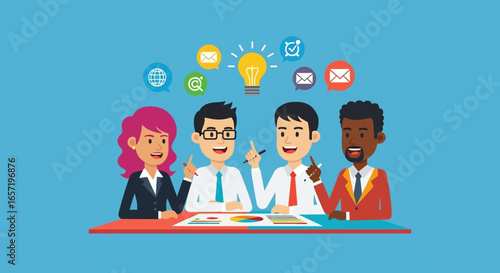 Diverse business team brainstorming innovative ideas in a meeting, analyzing charts and collaborating for communication and global solutions.