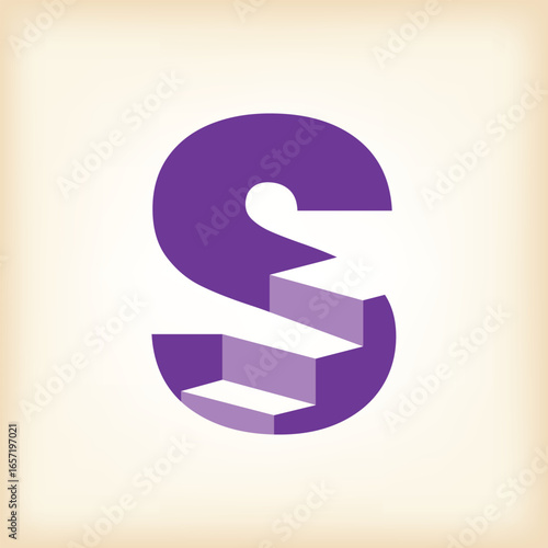 The image shows a flat logo design of an initial letter S with stairs in purple color that looks clean and modern on a white background