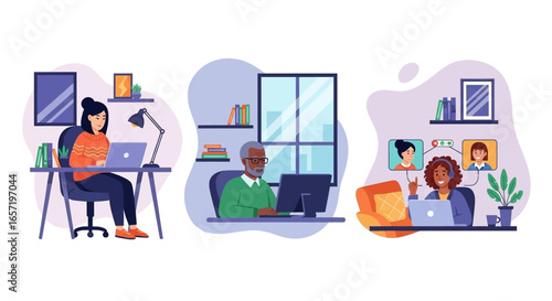 Diverse individuals work remotely and connect online from their comfortable home offices, illustrating modern flexible work environments and virtual collaboration.