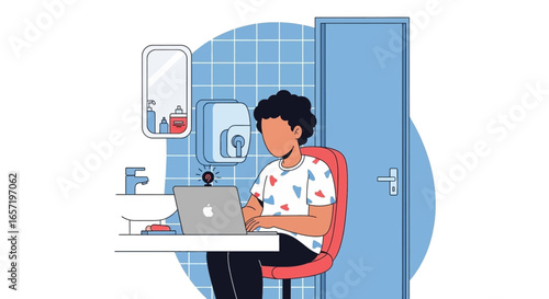 A dedicated person works on their laptop from a bathroom, representing the flexibility and unique setups of modern remote work and virtual collaboration.