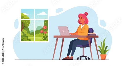 Happy woman working remotely on laptop from home, enjoying a productive day with a view of nature, symbolizing flexible work and modern lifestyle.