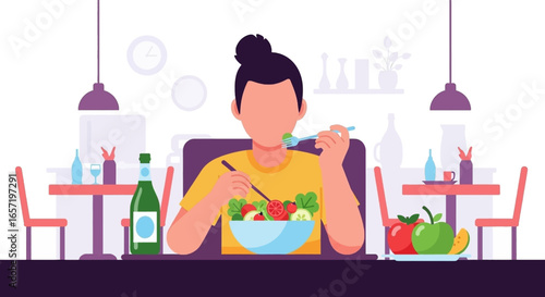 Person enjoying a fresh, healthy salad at a restaurant. Depicts wellness, nutrition, and a balanced lifestyle, ideal for diet and food concepts.