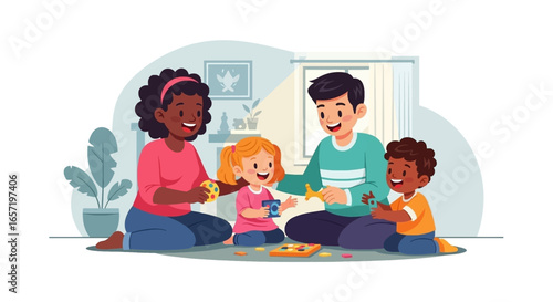 A diverse family, including parents and two happy children, enjoys playtime on the floor at home, fostering bonding and childhood development.