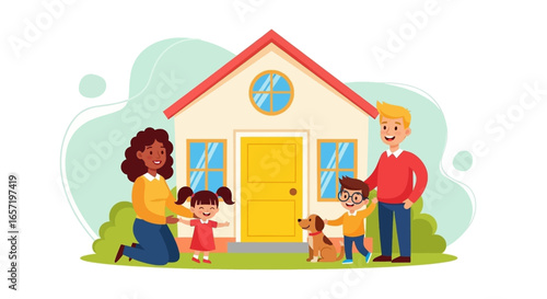 Cheerful diverse family with two children and a pet dog standing happily in front of their new home. Ideal for concepts of homeownership, security, and family life.