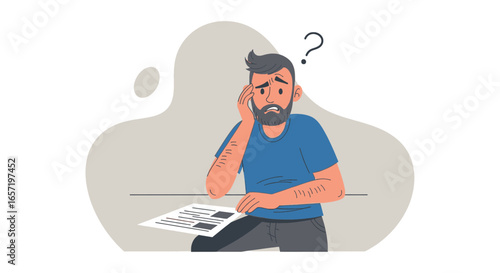 Confused man with a beard looking stressed while holding a document, a question mark above his head symbolizing uncertainty or a problem. Ideal for business, education, or lifestyle concepts.