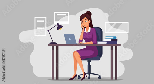 Stressed businesswoman at her desk, overwhelmed by workload. Depicts office fatigue, burnout, anxiety, or mental health challenges in a modern work environment.