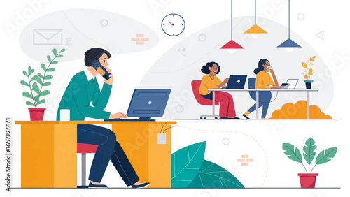 Diverse professionals working productively on laptops and phones in a modern, vibrant office. Depicts teamwork, communication, and a dynamic business environment.
