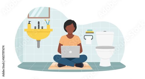 Person working remotely on laptop in a bathroom, symbolizing flexible work-from-home arrangements and unconventional workspaces. Modern lifestyle and productivity.