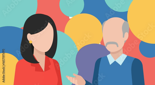 Two people engage in a colorful, dynamic discussion. Ideal for business meetings, mentorship, or interactive communication concepts.