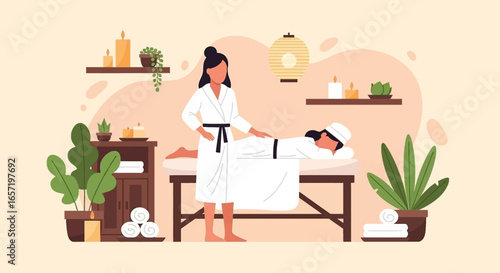 Woman enjoying a relaxing spa massage in a tranquil wellness center, surrounded by soothing plants and candles. Ideal for health, beauty, and self-care concepts.