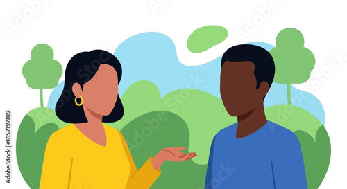 Принти на полотні Two diverse individuals engage in a meaningful outdoor conversation, illustrating communication, collaboration, and social connection for business or lifestyle content