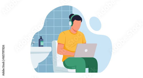 Person working remotely on a laptop while sitting on a toilet with headphones, depicting multitasking and modern work-life integration.