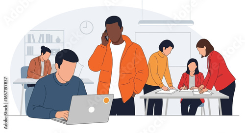 Diverse team working efficiently in a dynamic modern office. Illustrates teamwork, collaboration, and productivity for business concepts.
