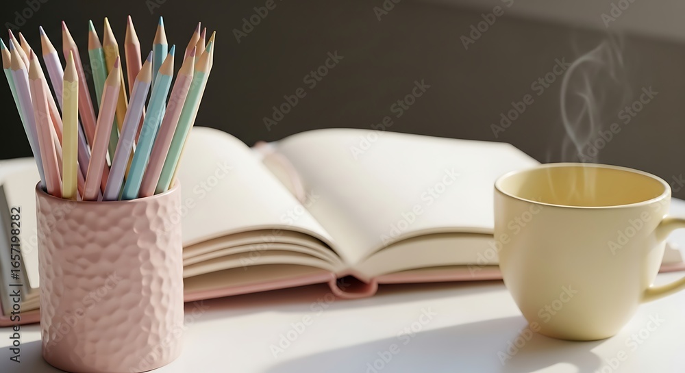 Naklejka premium A cup of coffee, open book, and pencils on a desk create a cozy and inspiring workspace