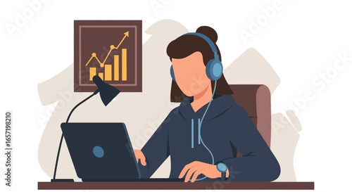 Focused person in headphones working on a laptop at a desk, with a growth chart in the background, representing remote work, online learning, and business success.