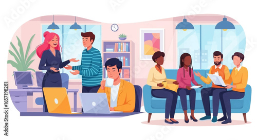 Diverse professionals collaborate and engage in discussions within a vibrant, modern office environment, symbolizing teamwork and productivity.