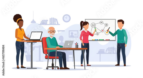 Diverse business team collaborating in an office setting. Colleagues discuss strategies and analyze data on a whiteboard, showcasing teamwork and mentorship.