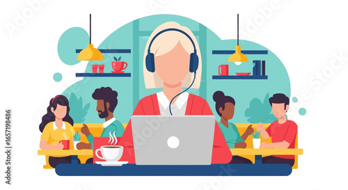 Young woman in headphones working remotely on laptop in a vibrant cafe, surrounded by diverse people. Ideal for remote work, online learning, and digital lifestyle concepts.