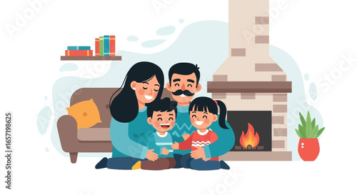 Smiling family shares a heartwarming, cozy moment together by the fireplace in their living room, embodying love and domestic bliss.