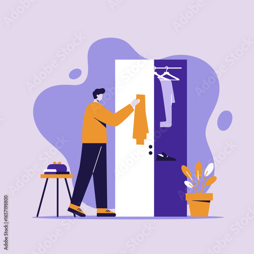 Man selecting clothes from his organized wardrobe. Illustrates daily routine, home organization, personal style, and preparing for the day. Ideal for lifestyle, fashion, and efficiency concepts.