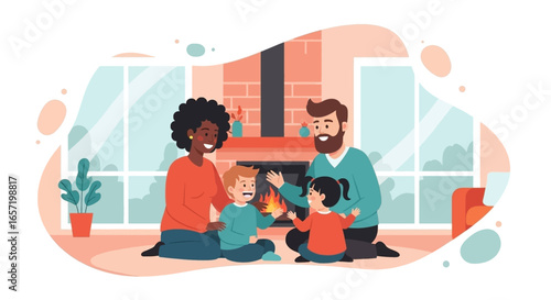 Diverse family enjoying a cozy evening by the fireplace at home. Captures warmth, comfort, and togetherness, perfect for lifestyle and domestic concepts.