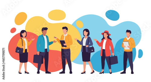 Diverse business professionals engaging in discussion and collaboration, symbolizing teamwork, networking, and corporate success. Ideal for business concepts.