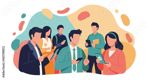 Diverse professionals connect and collaborate using digital devices in a modern, vibrant setting. Ideal for business, technology, and teamwork concepts.