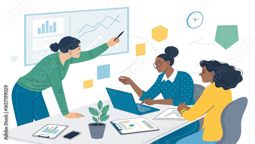 Diverse businesswomen collaborate on a data presentation in a modern office, fostering teamwork and strategic growth for corporate success.