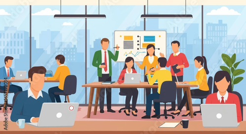 Diverse business team collaborating in a modern office, engaging in a strategic meeting and working on laptops. Ideal for corporate, teamwork, or productivity concepts.