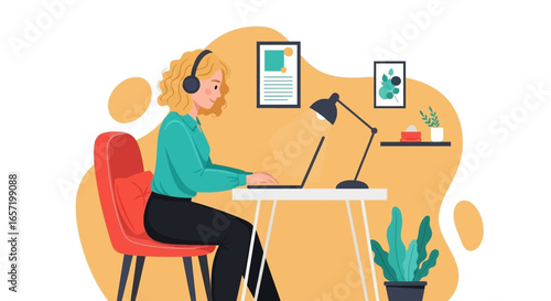 Young woman happily working remotely on her laptop with headphones, ideal for concepts of online education, virtual meetings, or home office productivity.