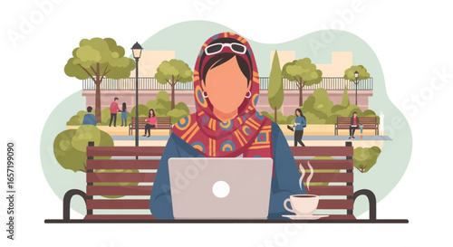 A woman in a hijab works remotely on her laptop at a park bench, enjoying coffee. Represents modern work, education, and digital lifestyle.