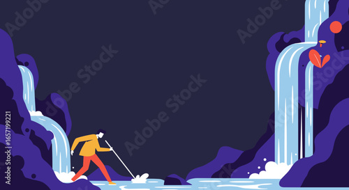 Determined person explores a vibrant natural landscape, carefully navigating flowing water between two majestic waterfalls, symbolizing an adventurous journey or discovery.