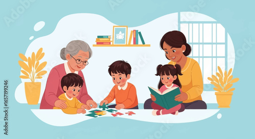Multigenerational family enjoys learning at home. Grandmother and child do puzzles, while another adult reads with a girl. Focus on education and bonding.