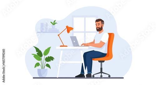 Bearded man working on laptop in a comfortable home office. Perfect for remote work, online learning, freelancing, and modern lifestyle.